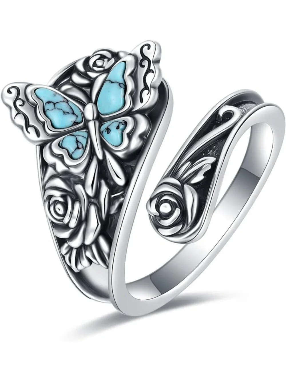 Vintage Boho Abalone Dragonfly Spoon Ring - S925 Sterling Silver Floral Wrap